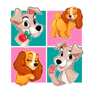 Ilustração colorida de cães em estilo cartoon, apresentando quatro personagens: um cachorro com uma rosa, uma cadela alegre, uma cadela com expressão astuta e um cachorro sorridente com a pata levantada.