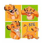 Ilustração divertida de um leão em quatro quadros, mostrando expressões cômicas: o primeiro com óculos escuros e um sorriso, o segundo fazendo uma careta, o terceiro com um sorriso alegre e mãos unidas em gratidão, e o quarto se despedindo com a palavra "BYE". Ideal para conteúdo relacionado a animação ou cultura pop.