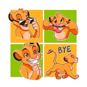 Ilustração divertida de um leão em quatro quadros, mostrando expressões cômicas: o primeiro com óculos escuros e um sorriso, o segundo fazendo uma careta, o terceiro com um sorriso alegre e mãos unidas em gratidão, e o quarto se despedindo com a palavra "BYE". Ideal para conteúdo relacionado a animação ou cultura pop.