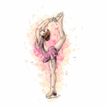 Ilustração de uma patinadora artística em pose elegante, vestindo um vestido rosa, destacando a flexibilidade e graça do esporte, com um fundo em tons suaves de rosa e amarelo.
