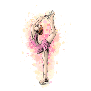 Ilustração de uma patinadora artística em pose elegante, vestindo um vestido rosa, destacando a flexibilidade e graça do esporte, com um fundo em tons suaves de rosa e amarelo.