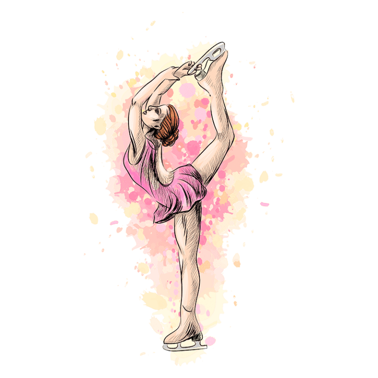 Ilustração de uma patinadora artística em pose elegante, vestindo um vestido rosa, destacando a flexibilidade e graça do esporte, com um fundo em tons suaves de rosa e amarelo.