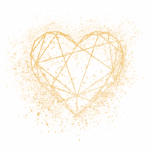 Ilustração de um coração estilizado formado por linhas geométricas e envolvido por uma explosão de partículas em tons de dourado e branco, sobre um fundo verde.