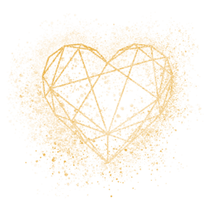 Ilustração de um coração estilizado formado por linhas geométricas e envolvido por uma explosão de partículas em tons de dourado e branco, sobre um fundo verde.