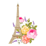Ilustração da Torre Eiffel adornada com flores coloridas, incluindo rosas, lavanda e hortênsias, representando a beleza e o romantismo de Paris.