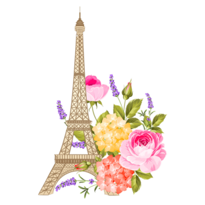 Ilustração da Torre Eiffel adornada com flores coloridas, incluindo rosas, lavanda e hortênsias, representando a beleza e o romantismo de Paris.