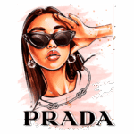 Ilustração de uma mulher estilosa usando óculos escuros, com cabelo longo e acessórios elegantes, destacando a marca Prada em letras grandes na parte inferior. Fundo em tons de rosa suave.