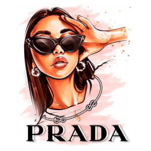 Ilustração de uma mulher estilosa usando óculos escuros, com cabelo longo e acessórios elegantes, destacando a marca Prada em letras grandes na parte inferior. Fundo em tons de rosa suave.