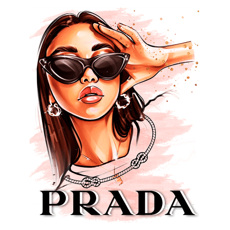Ilustração de uma mulher estilosa usando óculos escuros, com cabelo longo e acessórios elegantes, destacando a marca Prada em letras grandes na parte inferior. Fundo em tons de rosa suave.