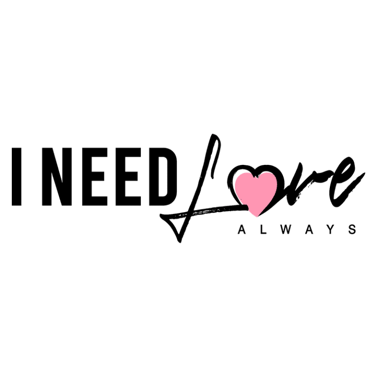 Texto em português: Design gráfico com a frase "I NEED Love ALWAYS", onde "Love" é enfatizado por um coração rosa, expressando a importância do amor.