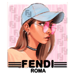 Ilustração de uma mulher com boné azul e óculos de sol rosa, exibindo um estilo moderno e descolado. Ela usa uma camiseta clara e um colar com a marca "Fendi Roma". O fundo é em tons de rosa, destacando a arte digital.