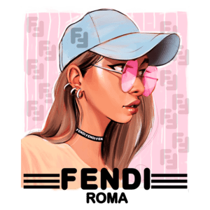 Ilustração de uma mulher com boné azul e óculos de sol rosa, exibindo um estilo moderno e descolado. Ela usa uma camiseta clara e um colar com a marca "Fendi Roma". O fundo é em tons de rosa, destacando a arte digital.