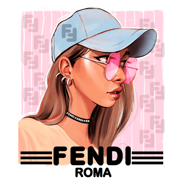 Ilustração de uma mulher com boné azul e óculos de sol rosa, exibindo um estilo moderno e descolado. Ela usa uma camiseta clara e um colar com a marca "Fendi Roma". O fundo é em tons de rosa, destacando a arte digital.