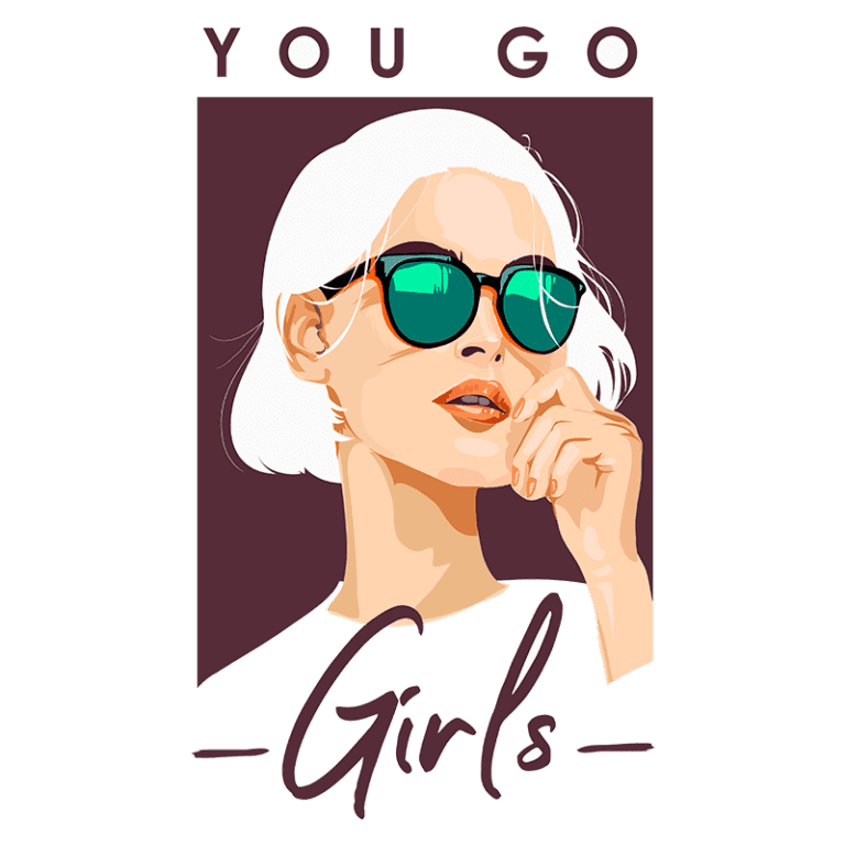 Imagem estilizada de uma mulher com cabelo curto e platinado, usando óculos escuros verdes, com a frase "YOU GO Girls" em destaque. Ideal para temas de empoderamento feminino e moda.