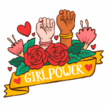 Ilustração colorida com punhos levantados simbolizando empoderamento feminino, adornados com rosas vermelhas e flores, acompanhados da frase "GIRL POWER".