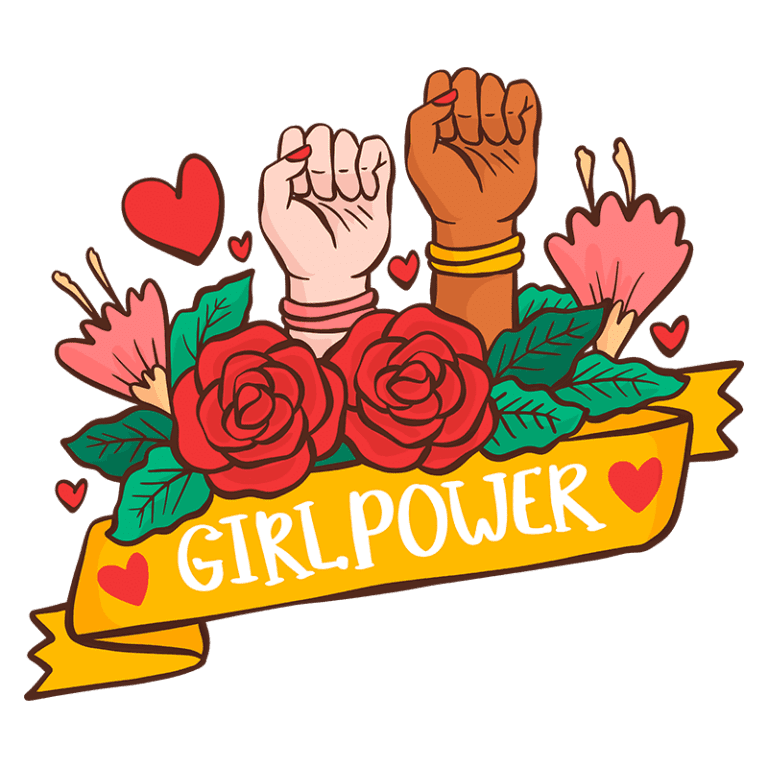 Ilustração colorida com punhos levantados simbolizando empoderamento feminino, adornados com rosas vermelhas e flores, acompanhados da frase "GIRL POWER".