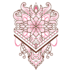 Desenho ornamental com padrões intrincados em tons de rosa e marrom, apresentando flores e folhas em estilo mandala, ideal para decoração e design gráfico.