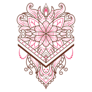 Desenho ornamental com padrões intrincados em tons de rosa e marrom, apresentando flores e folhas em estilo mandala, ideal para decoração e design gráfico.