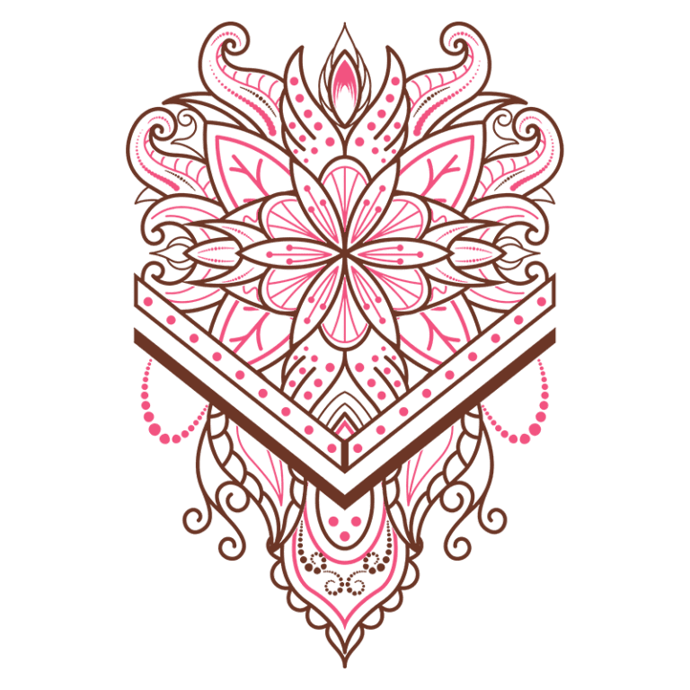 Desenho ornamental com padrões intrincados em tons de rosa e marrom, apresentando flores e folhas em estilo mandala, ideal para decoração e design gráfico.