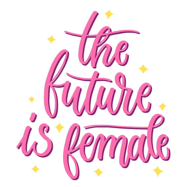 Texto estilizado em rosa com a frase "o futuro é feminino", acompanhado de estrelas e bolinhas coloridas, representando empoderamento feminino e igualdade de gênero.