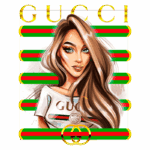Ilustração de mulher com cabelo longo e liso, vestindo uma camiseta da Gucci, com fundo decorado por listras nas cores verde e vermelho, e logotipo da marca em destaque. Ideal para representar moda e estilo contemporâneo.