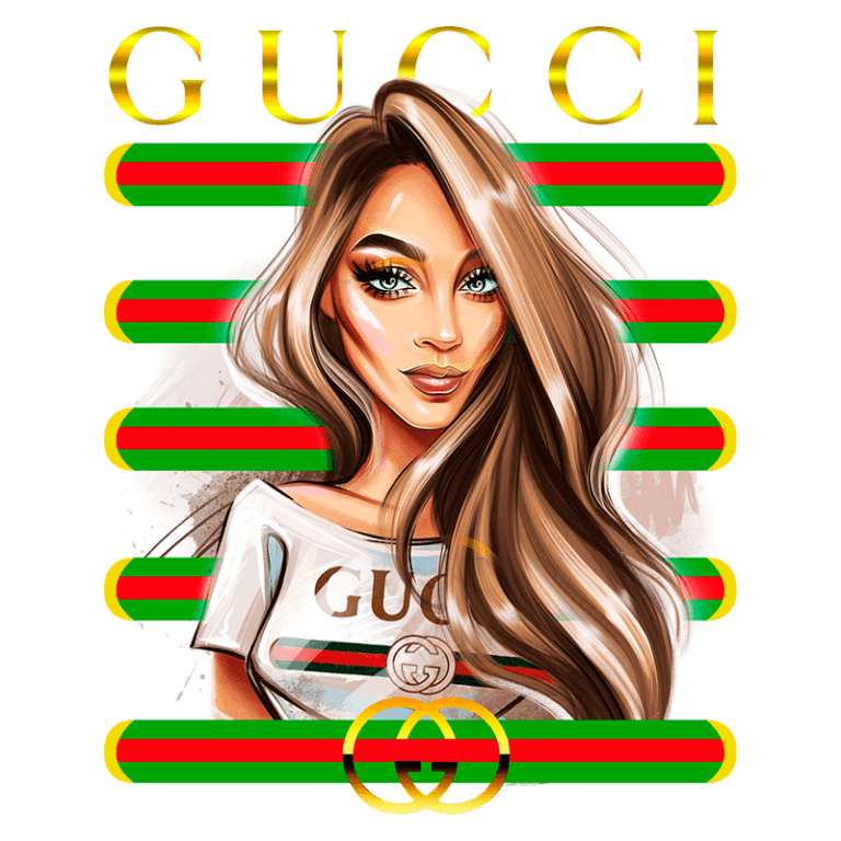 Ilustração de mulher com cabelo longo e liso, vestindo uma camiseta da Gucci, com fundo decorado por listras nas cores verde e vermelho, e logotipo da marca em destaque. Ideal para representar moda e estilo contemporâneo.