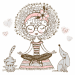 Ilustração de uma menina meditando com cabelo cacheado e óculos, acompanhada por um gato e um cão. Corações flutuantes ao redor, simbolizando harmonia e tranquilidade. Ideal para temas de relaxamento e conexão com pets.