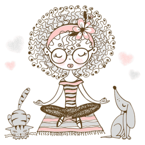 Ilustração de uma menina meditando com cabelo cacheado e óculos, acompanhada por um gato e um cão. Corações flutuantes ao redor, simbolizando harmonia e tranquilidade. Ideal para temas de relaxamento e conexão com pets.