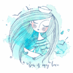 Ilustração de uma garota com cabelo longo e ondulado, usando uma blusa listrada e um chapéu de marinheiro, rodeada por um fundo aquático em tons de azul e verde. Abaixo, a frase "Sea is my love" destaca sua conexão com o mar.
