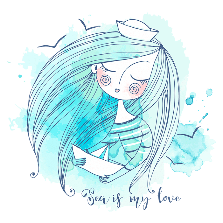 Ilustração de uma garota com cabelo longo e ondulado, usando uma blusa listrada e um chapéu de marinheiro, rodeada por um fundo aquático em tons de azul e verde. Abaixo, a frase "Sea is my love" destaca sua conexão com o mar.