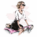 Ilustração de uma mulher estilosa em um scooter rosa, usando óculos escuros e blusa branca, com um fundo gráfico em estilo moderno.