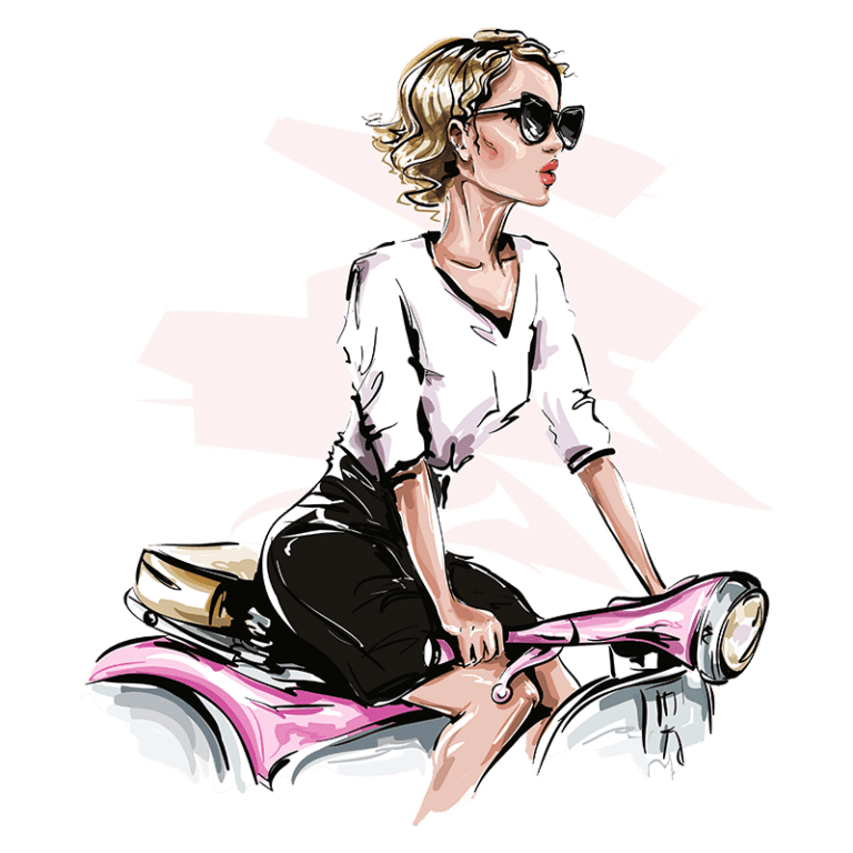 Ilustração de uma mulher estilosa em um scooter rosa, usando óculos escuros e blusa branca, com um fundo gráfico em estilo moderno.