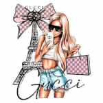 Ilustração de uma mulher estilosa com cabelos longos e loiros, usando óculos de sol e segurando um celular, posando em frente à Torre Eiffel. Ela veste uma blusa cropped e shorts jeans, enquanto segura uma sacola da marca Gucci. O fundo apresenta um laço rosa com o logotipo da Gucci, destacando a conexão com a moda de luxo e o estilo parisiense.