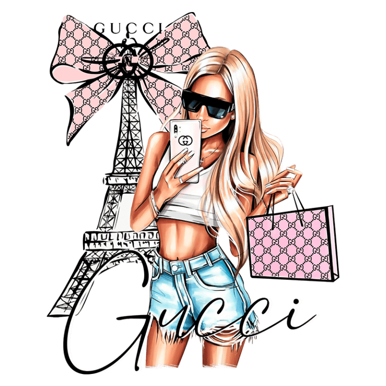 Ilustração de uma mulher estilosa com cabelos longos e loiros, usando óculos de sol e segurando um celular, posando em frente à Torre Eiffel. Ela veste uma blusa cropped e shorts jeans, enquanto segura uma sacola da marca Gucci. O fundo apresenta um laço rosa com o logotipo da Gucci, destacando a conexão com a moda de luxo e o estilo parisiense.