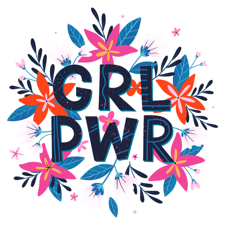 Ilustração colorida com as letras "GRL PWR" no centro, cercadas por flores e folhas vibrantes, simbolizando empoderamento feminino e celebração da força das mulheres.
