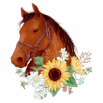 Cavalo marrom com arreio rodeado por flores, incluindo girassóis e margaridas, em um fundo verde. Ideal para temas de natureza e equitação.