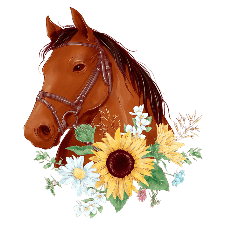 Cavalo marrom com arreio rodeado por flores, incluindo girassóis e margaridas, em um fundo verde. Ideal para temas de natureza e equitação.