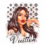 Ilustração estilizada de uma mulher com lábios vermelhos e unhas amarelas, posando com um olhar confiante. O fundo apresenta o logotipo da Louis Vuitton em um padrão repetido, destacando o tema de moda e luxo.