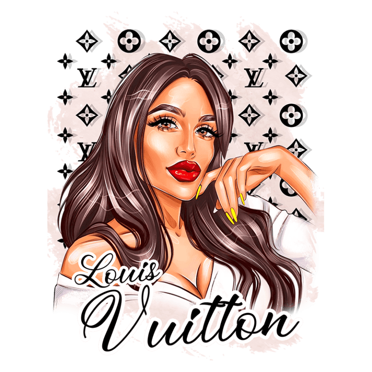 Ilustração estilizada de uma mulher com lábios vermelhos e unhas amarelas, posando com um olhar confiante. O fundo apresenta o logotipo da Louis Vuitton em um padrão repetido, destacando o tema de moda e luxo.