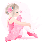 Ilustração de uma menina bailarina sentada, vestindo um tutu rosa e sapatilhas de balé, com um laço de rosa no cabelo. Ela observa uma borboleta enquanto um fundo suave em tons de rosa destaca sua pose delicada.