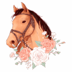 Cavalo marrom com uma cabeçada, cercado por flores rosas e brancas, em um fundo verde. Ideal para ilustrações relacionadas a equitação, natureza e arte animal.