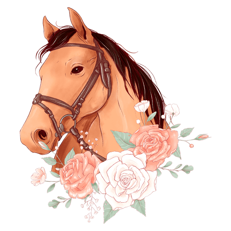 Cavalo marrom com uma cabeçada, cercado por flores rosas e brancas, em um fundo verde. Ideal para ilustrações relacionadas a equitação, natureza e arte animal.