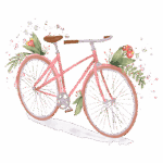 Bicicleta rosa decorada com flores, destacando um design vintage e detalhes em madeira no guidão, ideal para passeios ao ar livre e um estilo de vida sustentável.