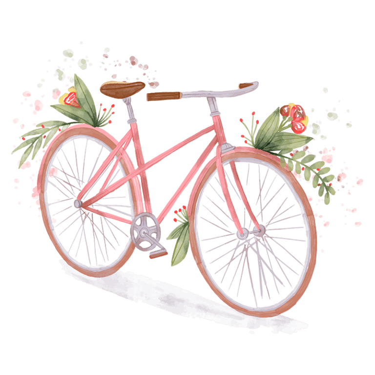 Bicicleta rosa decorada com flores, destacando um design vintage e detalhes em madeira no guidão, ideal para passeios ao ar livre e um estilo de vida sustentável.