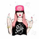 Ilustração de uma mulher com cabelo rosa usando um boné rosa e uma blusa preta com a frase "THE OLD SCHOOL". Ela faz um gesto com as mãos, transmitindo uma atitude confiante e ousada. Fundo verde com efeitos de manchas.