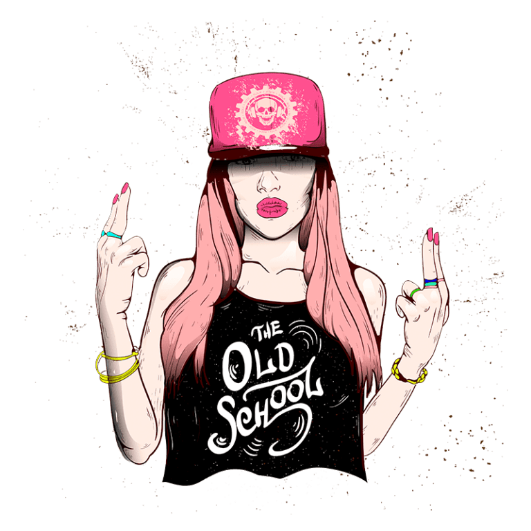 Ilustração de uma mulher com cabelo rosa usando um boné rosa e uma blusa preta com a frase "THE OLD SCHOOL". Ela faz um gesto com as mãos, transmitindo uma atitude confiante e ousada. Fundo verde com efeitos de manchas.