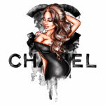 Imagem estilizada de mulher com vestido preto, destacando-se com joias, em fundo artístico com o logotipo da marca Chanel em letras grandes.