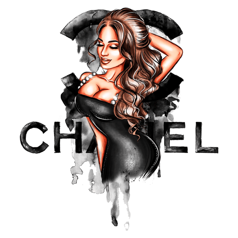 Imagem estilizada de mulher com vestido preto, destacando-se com joias, em fundo artístico com o logotipo da marca Chanel em letras grandes.