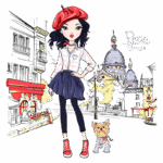 Ilustração de uma jovem estilosa em Paris, vestindo uma camisa xadrez, saia rodada e um chapéu beret vermelho, acompanhada de um cachorro Yorkshire. Ao fundo, destacam-se os icônicos edifícios parisienses e a Basílica de Sacré-Cœur.