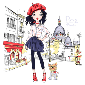 Ilustração de uma jovem estilosa em Paris, vestindo uma camisa xadrez, saia rodada e um chapéu beret vermelho, acompanhada de um cachorro Yorkshire. Ao fundo, destacam-se os icônicos edifícios parisienses e a Basílica de Sacré-Cœur.
